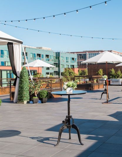 Rooftop garden terrace with string lights